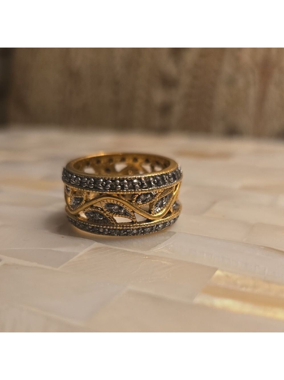 Two Tone Gold Silver Cubic Zirconia Pave Leaf Wide Band Ring Size 10.5